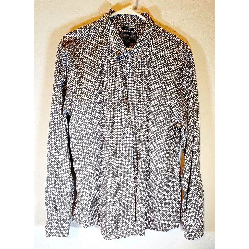 American Rag Men's XL Gray White Geometric 100%‎ Cotton Long Sleeve Button-Up